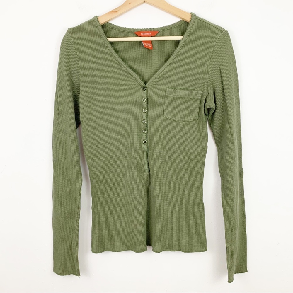 Sundance Waffle Knit Thermal Henley Long Sleeved Top S Small Olive Army Green